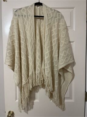Cream Knit Fringe Poncho